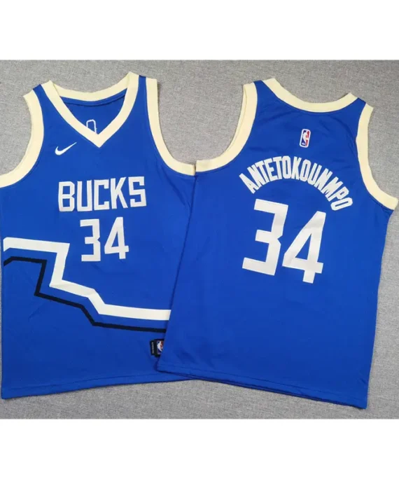 Giannis Antetokounmpo Basketball Jersey #34 Milwaukee Bucks 2025 City Edition Blue Kids