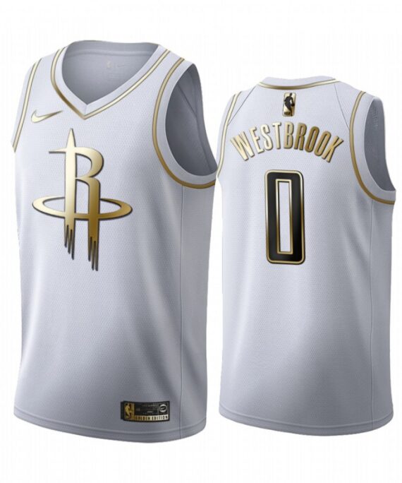 Russell Westbrook Basketball Jersey #0 Houston Rockets White Gold Edition