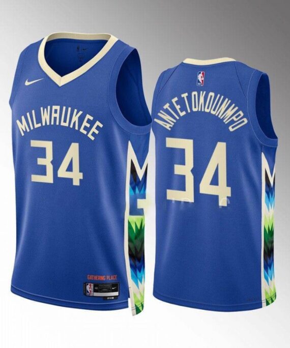 Giannis Antetokounmpo Basketball Jersey #34 Milwaukee Bucks 2022-23 City Edition Blue