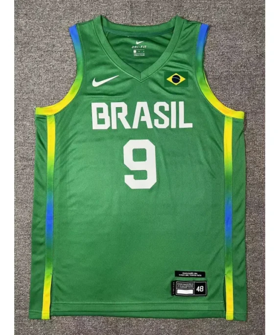 Marcelinho Huertas Basketball Jersey #9 Brazil 2024 Olympic Edition Paris Green